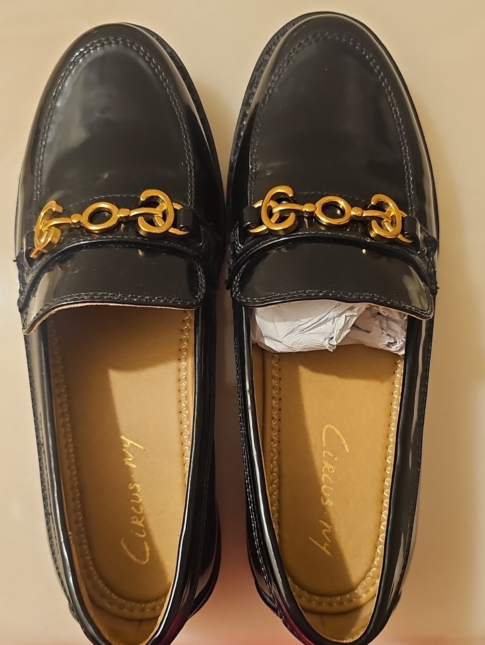 Circus by Sam Edelman Black Patent Loafers with Gold Bit